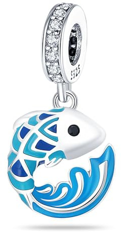 SBUTUXC Pendentif poisson en argent sterling, motif vague en émail bleu avec zircone, perle de bracelet pendante, argent 925