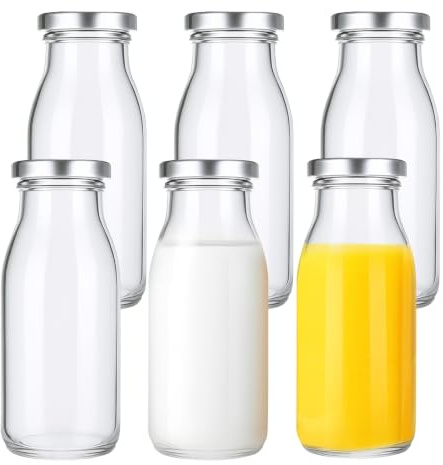 saerryor 6 Pack Glass Milk Bottles With Lids 250ml Glass Juice Bottles | Small Glass Bottles With Lids, Juices Hot Bottles 250ml With Lids Glass, Reusable & Durable, Leakproof, Ginger, Jam, Oils,