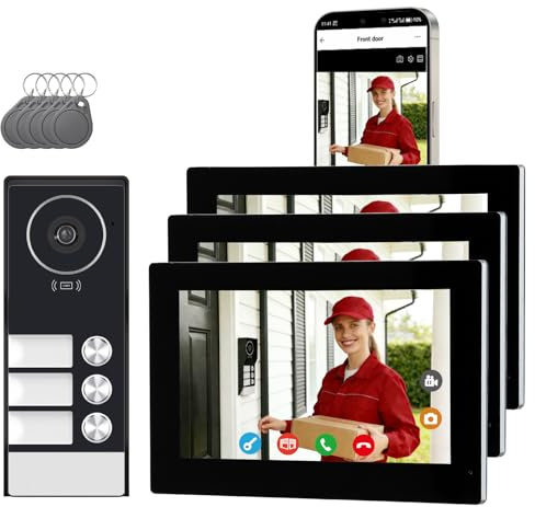 Honmidatek Videocitofono cablato con 3 Monitor Touch da 7 Pollici, Pannello Esterno con Telecamera, Campanello Video 2 Fili con Visione Notturna,Audio Bidirezionale, per 3 Famiglie