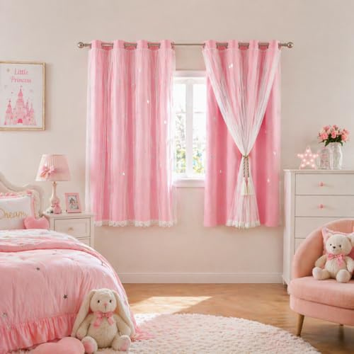 Kids Curtains for Bedroom, 2 Panels Blackout Curtains with Sheer Overlay & Tiebacks, 52 * 63inch Stars Cut Out Pink Curtains Drapery with Eyelet for Girls Bedroom Nursery Window Home Decor