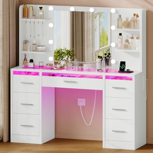 SLINEMO Coiffeuse avec Miroir LED et Éclairage RGB 3 Couleurs, Plateau en Verre Trempé – Table de Maquillage avec Prise, 7 Tiroirs + 5 Crochets, luminosité réglable, Blanc