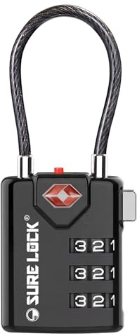 SURE LOCK TSA Approved Luggage Locks with Open Alert Indicator, 3 Digit Combination Cable Travel Lock for Suitcase, Backpack, Gym Locker, Toolbox & Travel Bag(1 Black)