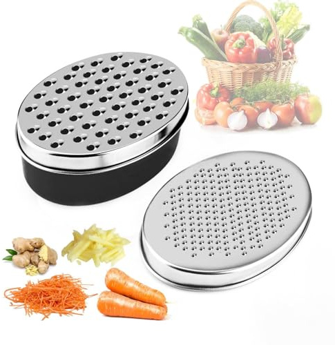 Stainless Steel Cheese Grater with Airtight Storage Container - Box Grater for Kitchen, Shredder for Parmesan, Cheddar, Vegetables, Chocolate, Nutmeg - Includes Lemon for Citrus, Ginger, Butter