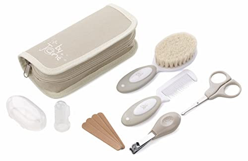 Jané Set de Higiene Basic con Neceser, Peine, Cepillo Cerdas Naturales, Tijeras, Cortauñas, Limas y Cepillo Dental Silicona, Beige