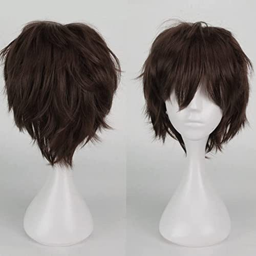Anime peruk mörkbrun kort cosplay halloween kvinnor män syntetisk rak fin klänning vågig slät karneval kostym party peruk med gratis mössa