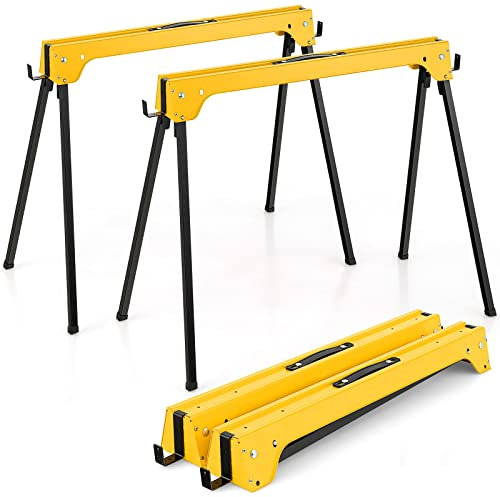 TANGZON Folding Saw Horses Twin Pack, 2PCS Heavy Duty Workbench Metal Trestle Stands with Anti-Slip Top & Handle, Portable Sawhorses Pair, Each Sawhorse Supports Up to 227KG (Yellow)