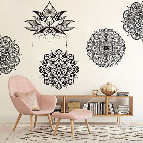 Runtoo Adhesivo decorativo para pared con diseño de mandala y flor de loto bohemio negro para sala de estar, dormitorio, cabecero de yoga, decoración india