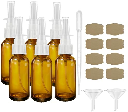 GIVAMEIHF Nässprayflaskor 6 st 30 ml (1 uns) med 2 x tratt, 1 x droppare, 8 x etikett, tom nässprayflaska, bärnstensglas nässprayflaska, presssprayhuvud påfyllningsbar bärbar fin dimma nässprayflaska
