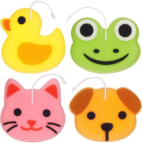 BRUBAKER Set de 4 Animaux Éponges de Bain - 25 g Éponge de Savon pour Enfants et Adultes - Canard, Grenouille, Chien et Chat - Pelote de Bain Éponge de Nettoyage Corporel incl. Boîte Cadeau