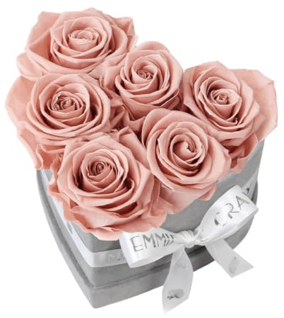 EG EMMIE GRAY Classic Infinity Rosebox | Hjärta | S | Grå – 7 ± 1 Infinity-rosor med lång hållbarhet, riktiga rosor som blommar upp till 3 år, konserverade rosor (antik rosa)
