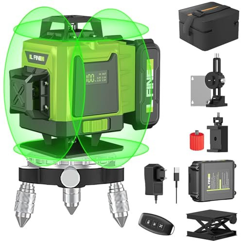 Niveau Laser, 4D 16 Lignes Niveau Laser autonivelant, 4 X 360°Niveau Laser Vert Horizontal et Verticale, support rotatif, télécommande, base magnétique avec 2 × Batteries 4800mAh