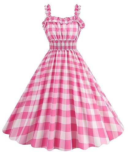 NaLatia Robe Rose à Bretelles Femme Jupe à Carreaux Fête Loisirs Costume Halloween Cosplay Anniversaire Cocktail