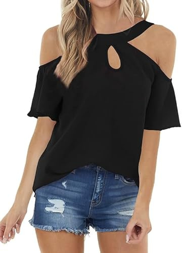 Noir Tee Shirt Femme Coton Tshirt Chic et Elegant 2026 Été Vêtements Haut Décontractés à Épaules Dénudées Top Cou Trou de Serrure
