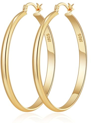 RANKEEF 3 mm De Large Grande Boucle Oreille Creole Ar Femme Hypoallergéniques 925 Post en Argent Sterling Boucle d Oreille Creole Or Léger 14k Or Plaqué Grande Boucle d'Oreille Femme Creole