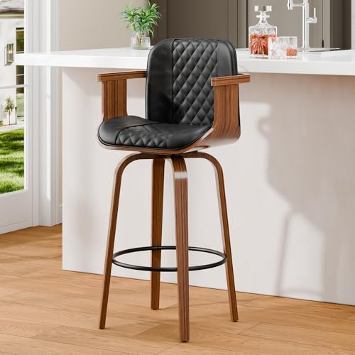 Azaeahom Bar Stools, 29 Swivel Counter Height Bar Stools, Faux Leather Barstools with Back and Solid Wood Arm, Upholstered Modern Bar Chairs for Kitchen Island, Black