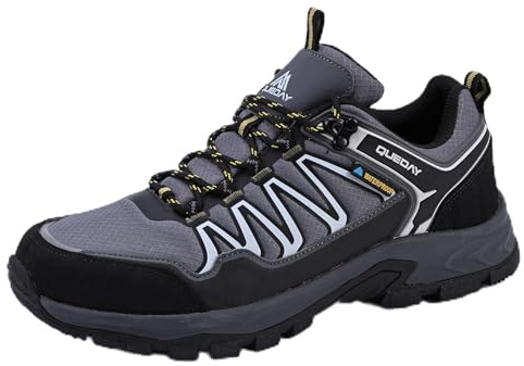 Queday Gray Waterproof Hiking Shoes Mens Lightweight Walking Shoes Daily Hike Trekking Trail Outdoor Camping Climbing Size 9.5