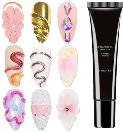 3D Nail Gel, 15ml Nail Arts Glue for Nails Charm & Gems, Solid Nails Glue Gel Rhinestone Glues, 3D Effect & Mouldable & Scuffing Powder, Lasting and Easy