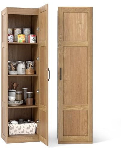 COSTWAY Armadietto Alto 150 cm, Mobile da Terra Indipendente a 4 Ripiani con Porta, Credenza Stretta per Sala da Pranzo, Cucina, Ripostiglio, Soggiorno e Bagno, 40 x 37,5 x 150 cm (Naturale)