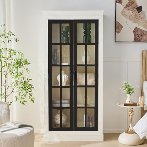 71.2 Rustic Display Cabinet, Farmhouse Pantry Stoage Cabinet with Glass Doors & Lattice Window, Tall Wooden Curio Cabinet with Adjustable Shelves for Hallway Living Room Kitchen Office, White+Balck