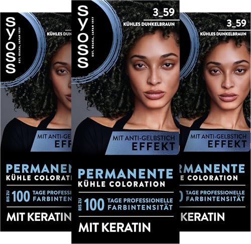 SYOSS Coloration 3_59 Kühles Dunkelbraun (3 x 115 ml), permanente Coloration mit Keratin verleiht einen kühlen Farbton für bis zu 100 Tage professionelle Farbintensität, mit Anti-Gelbstich-Effekt