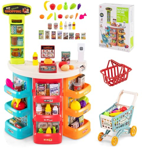 GOPLUS Shoppingbutik med kundvagn, barnstormarknad med våg, kassa, hyllor, skanner, ljus- och ljudeffekter, leksaker, köpmansbutiker med 29 tillbehör, shoppingbutik för barn från 3 år (blå)