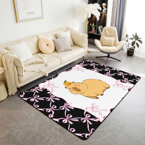 Erosebridal Cute Capybara Living Room Rugs 5x7 for Bedroom Black Pink Bow Ribbon Area Rug Kawaii Rodent Animals Bowknot Carpet Non Slip Coquette Bows Bowtie Indoor Floor Mat