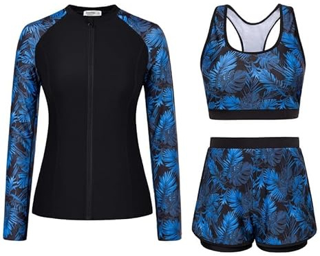 JASAMBAC Rash Guard Ensemble 3 pièces Maillot de bain femme ventre plat manches longues Maillot de bain Haut de bikini et taille haute Short de bain Fermeture éclair Maillot de bain Surf Sport Maillot