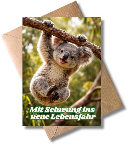 WBdesignz Divertida tarjeta de cumpleaños – con impulso en el nuevo año de vida – Divertida tarjeta de felicitación con sobre con koala, diseño de animales – Tarjeta de felicitación para niños y