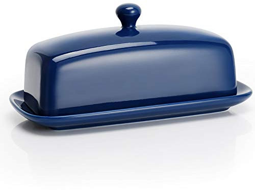 Sweese Butter Dish with Lid, Porcelain Butter Keeper, 7.8 Inch Butter Holder with Handle Cover, Butter Container Perfect for East West Coast Butter, Navy
