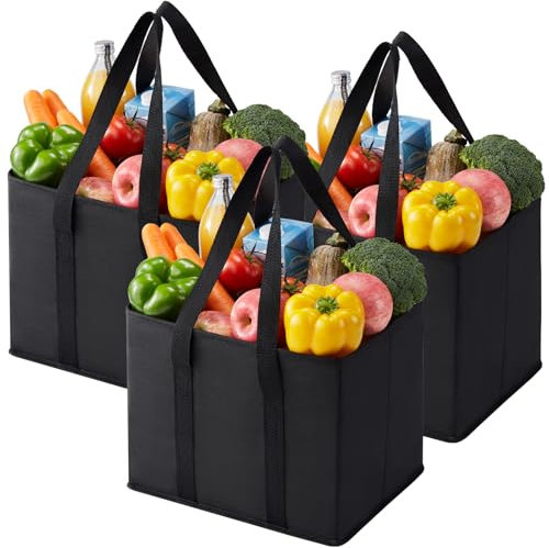 VENO 23,5 Liter große Einkaufstasche Faltbar, Faltboxen mit verstärktem Boden, Wiederverwendbare Einkaufstaschen, Hält Bis Zu 15 kg Tragetasche (Schwarz, 3er Pack)