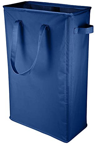 IHOMAGIC Slim Laundry Basket with Carry Handles, Collapsible Clothes Hamper Tall Rectangular Laundry Storage Bag with Breathable Mesh Cover, Foldable Laundry Washing Bin for Bathroom (45L, Navy Blue)