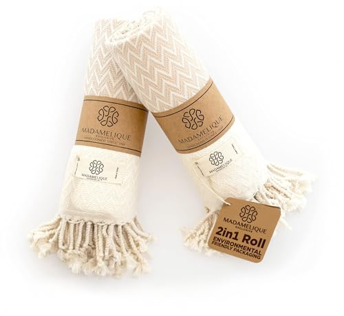 Madamelique Exclusive Hand Towels Set of 2-18 x 40 Inches - Decorative Bathroom Peshtemal Towel for Hand, Face, Hair, Yoga, Tea, Dishcloth, Kitchen and Bath - 100% Pure Cotton (Beige)