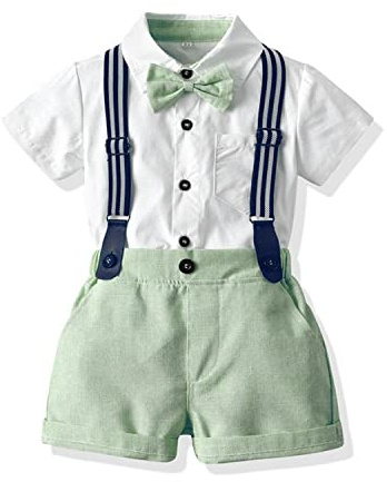 Kostym i fyrdelat set med kortbyxor, skjorta, fluga och hängselbyxor för bebispojkar., gRÖN, 3-4 År