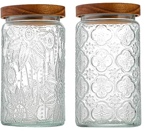 34 OZ/2 PCS Glass Storage Jar with Airtight Bamboo Wooden Lids, Vintage Food Containers Canisters Sets for Kitchen Counter Pantry, Sugar, Flour, Candy, Tea, Coffee Beans, Oats, Grain Bin, Pasta,