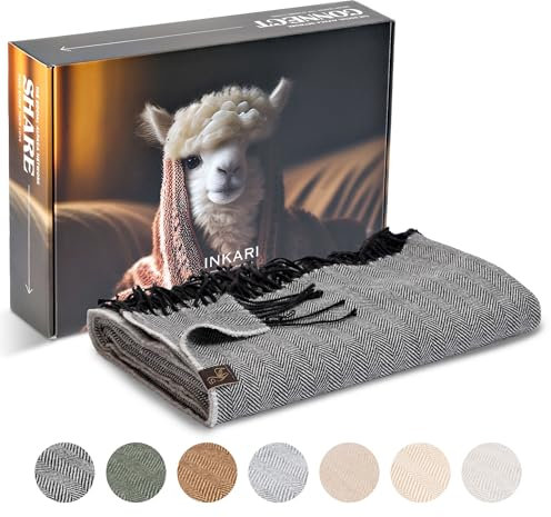 Inkari Alpaka Wolldecke – Kuschelige und Flauschige Decke aus Alpaka und Merinowolle – Perfekt für Sofa, Wohnzimmer und Bett, (Fishbone-Charcoal), (140 x 210 cm)