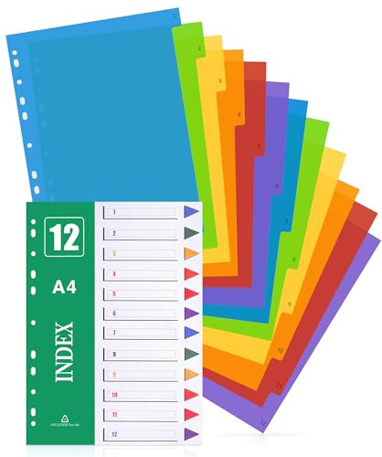 A4 File Dividers, 5 Pack 12 Part Subject Dividers Multi Hole Punched in Assorted Colour, Plastic Card Folder Ring Binder Dividers for Home School Office Use