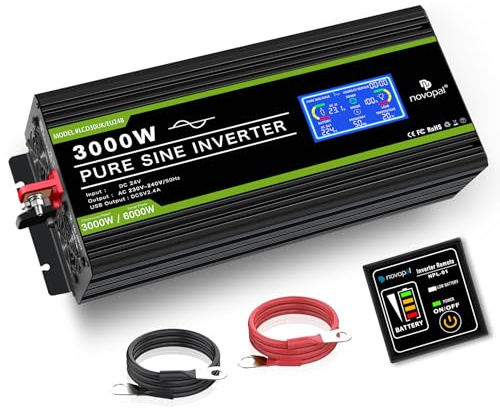 NOVOPAL 3000W Convertisseur Pur Sinus -DC 24V à AC 220V/230V Onduleur avec écran LCD et Télécommande -Puissance de Pointe 6000W Transformateur de Tension