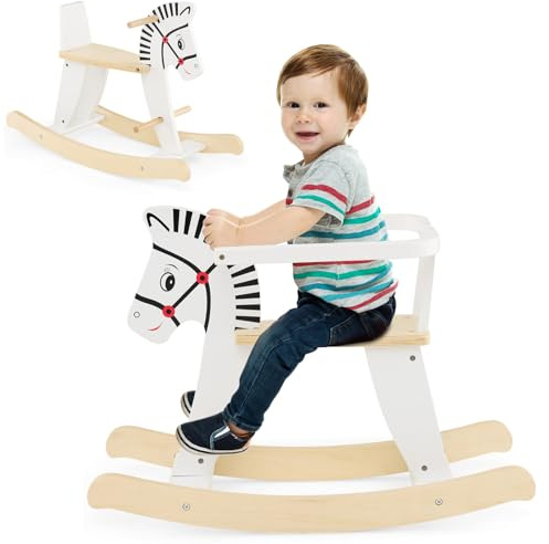 GOPLUS Cheval à Bascule en Bois avec Barrières de Protection Amovibles, Jouet à Bascule en Zèbre, avec Dossier, Repose-Pieds, Balancement en Douceur, Charge 40 kg, pour 3+ Ans, Blanc