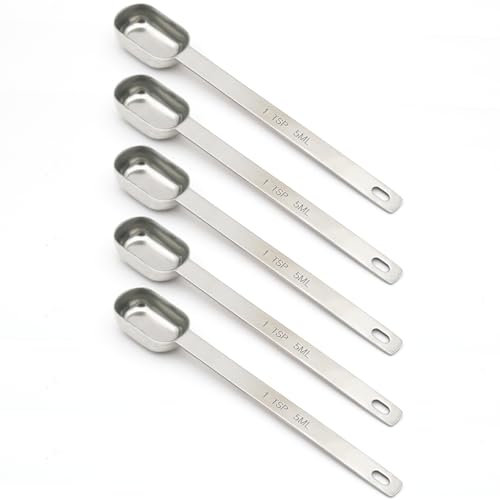 BERYLER 5PCS 1 Teaspoon(1Tsp | 5 mL | 5 cc | 1/3 Tablespoon) Single Measuring Spoon, Stainless Steel Individual Spoons, Long Handle Spoons Only