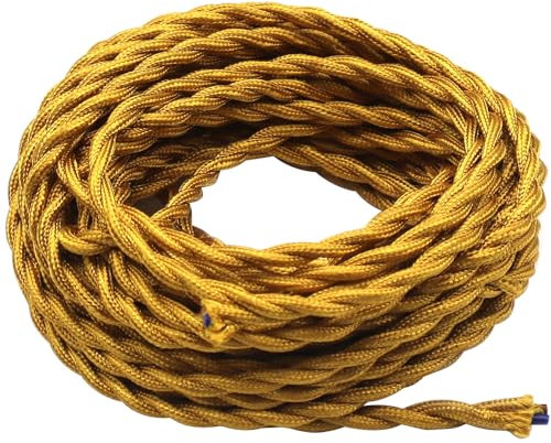GOIYZTTR 10 Mètres Rétro Fil Electrique Tressé, Fil Electrique Rond Tissu Or Fil Vintage à 2 Conducteurs Convient aux DIY Pendentif Lampe et Appareils Électroménagers