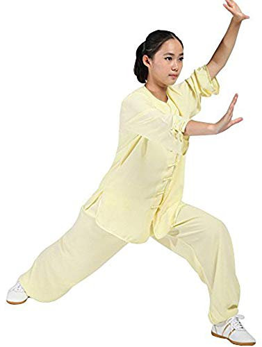 FGDIUCVN Kampfsportbekleidung Damen Kampfsport Tai Chi Uniform Kung Fu Kleidung Halbarm Wushu Anzug,Beige,M