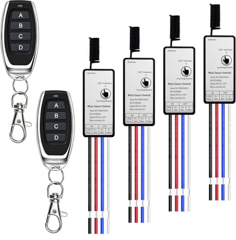 12v Funkschalter,4 Kanal Mini Funkschalter mit Fernbedienung, DC3.6-24V 5A Funk Relais Wandschalter,Kabelloser Lichtschalter mit 50m Long Range für Garagentor, Motor, Markise