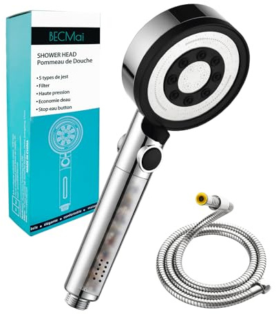 BECMai Duschkopf Filter mit Schlauch, Hochdruck Duschbrause Kalkfilter, Wassersparend Handbrause Dusche Anti Kalk, Shower Head for Hard Water, Stoppfunktion, 5 Modes Jets, Chrome