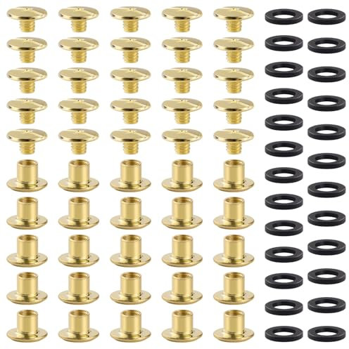 YIXISI 25 Set M5x5mm Chicago Vis Assortiment Kit, Rivets pour Cuir Cruciforme, Vis de Reliure, pour DIY, Décoration de Cuir, Réparation de Reliure, Or