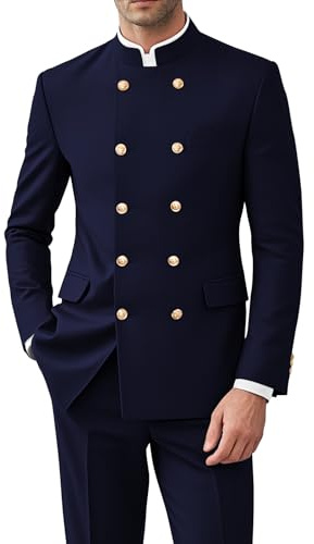 CYANDUSTY Men's Navy Blue Suit 2 Piece Mandarin Stand Collar Mens Chinese Tunic Suits Formal Solid Traditional Wedding Prom M