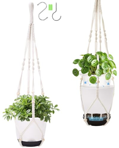 QCQHDU 2 PCS 14,5cm Pot Suspendu Plante Exterieur & Intérieure，Pots de Fleurs à Suspendre，86,36cm Macrame Suspension Plante,Bassin intérieur Transparent en Plastique avec Trou de Drainage