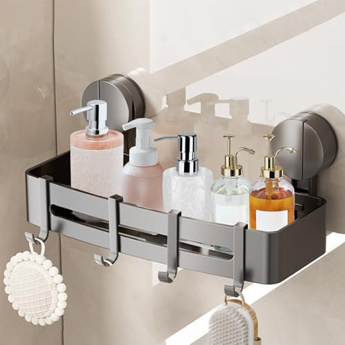 LURICO Mensola da Doccia Senza Forare con Ventosa - 4 Ganci, Lunghezza 32 cm, Portata 10 Kg, Supporto per Shampoo Rimovibile & Antiruggine, Ideale per Docce