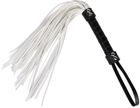 Tryolove Látigo de caballo de piel sintética con mango negro y borla blanca, 55,5 cm para práctica ecuestre