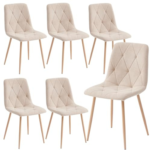 Artist Hand Set of 6 Dining Chairs for Dining Room Living Room, Fabric Kitchen Chairs Set with Upholstered Seat Solid Backrest Metal Legs for Restaurant, Beige