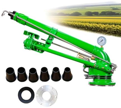 Aspersor de impacto de impulso resistente, ajustable en 360° con juego de boquillas de repuesto, ideal para riego de grandes áreas en agricultura, césped, jardín y campo